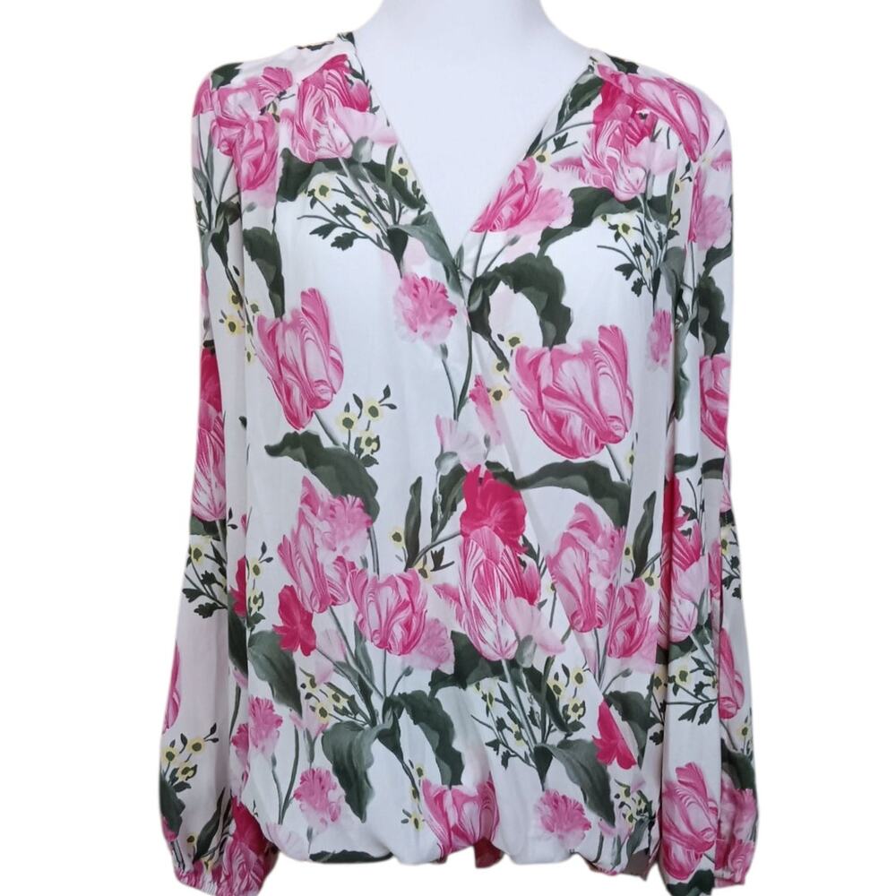 INC Floral Romantic Blouse Top L Pink Roses Green Leaves Split Sleeves Flowy